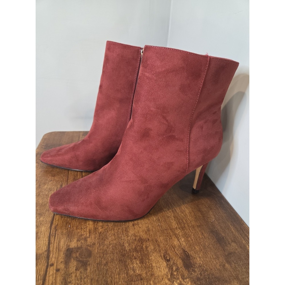 Women Ankle Boots Pointed Toe Stiletto Heel Faux Suede Burgundy Red Zip Up Sexy‎